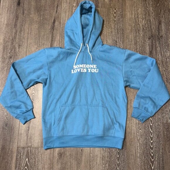 Someone Loves You Pullover Hoodie Unisex Sz L Blue Inspirational Sweatshirt NWOT - Picture 1 of 4